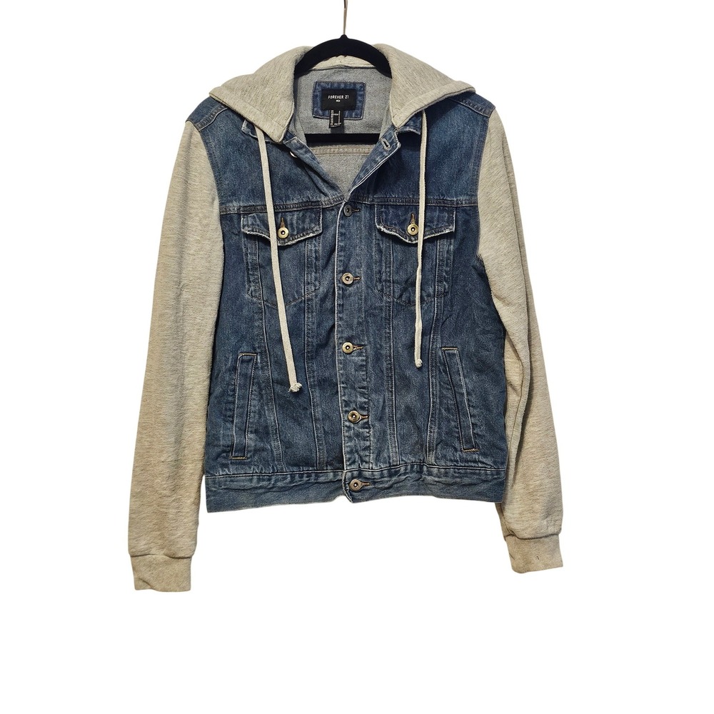 Forever 21 Men Hooded Denim Jacket Blue Gray Mixed Media Trucker Small JT2